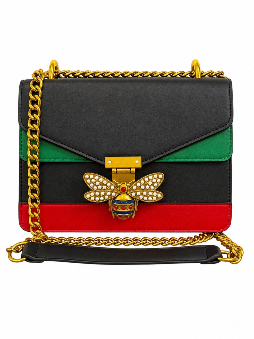 Bee Love Tri Color Vegan Leather Shoulder Bag New Crossbody Gold Chain Pearl